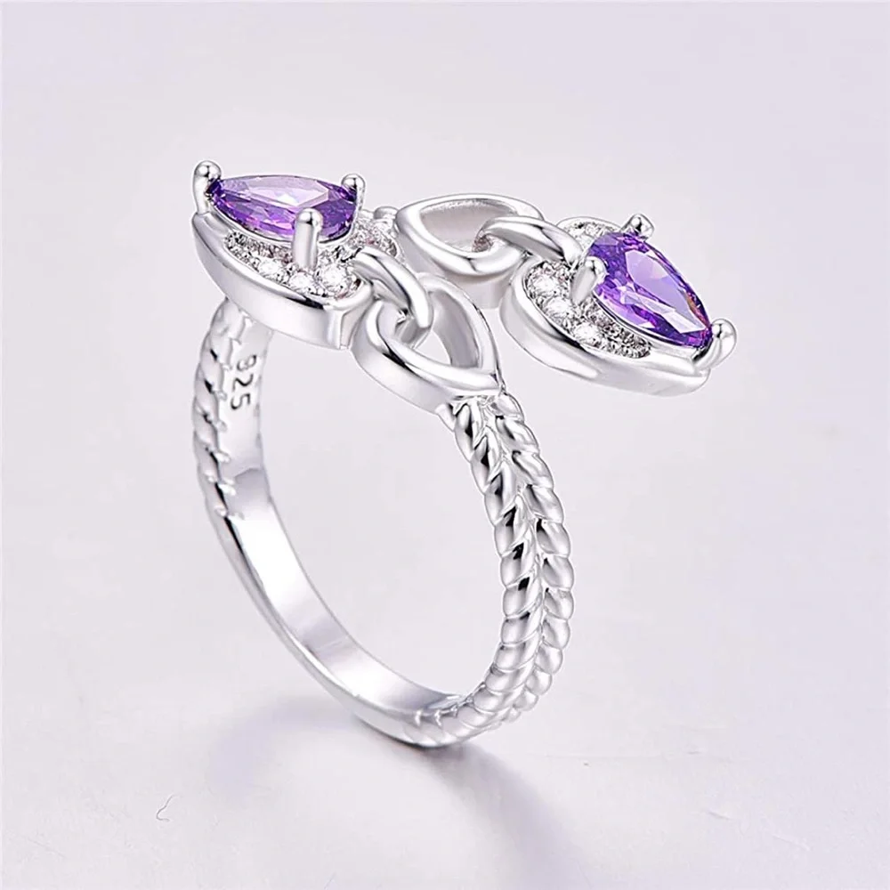 New S925 Sterling Silver Purple Amethyst & Morganite Heart Tear Drop Ring